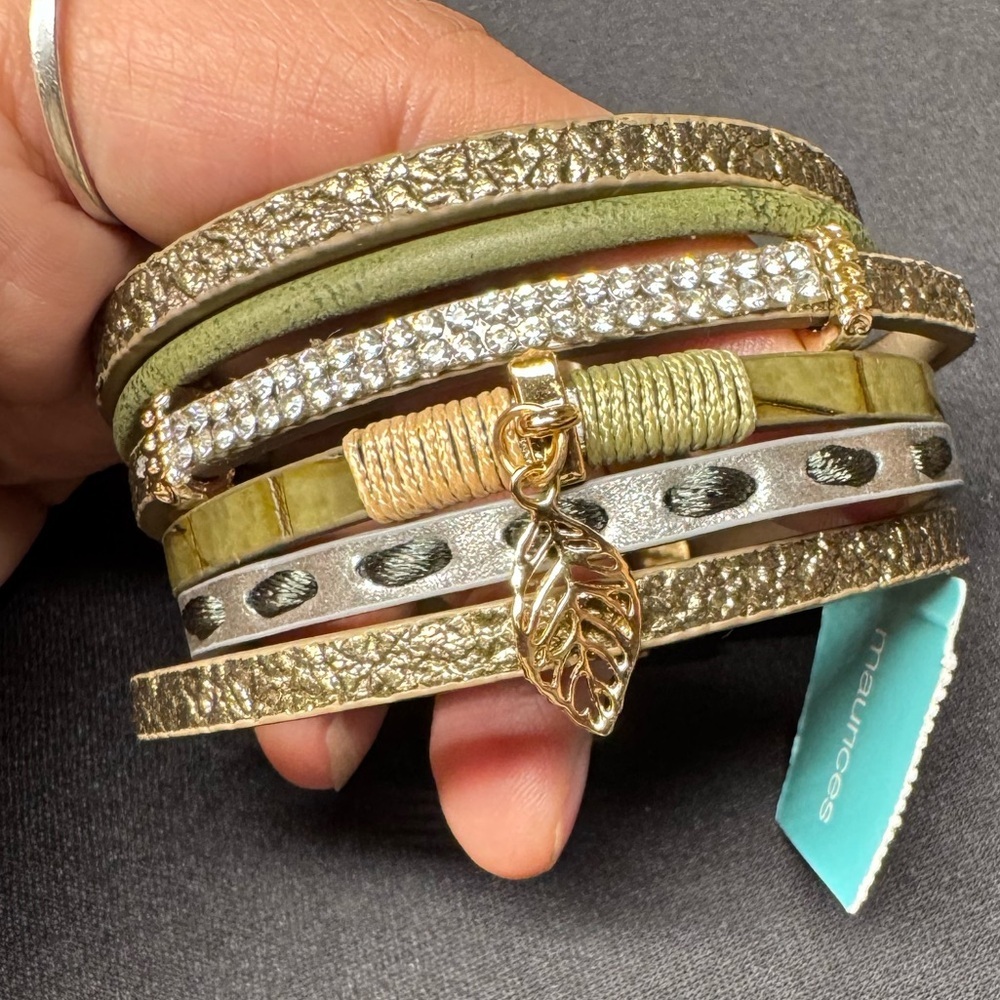Multi Strand Cuff Bracelet Olive Green - Picture 2 of 6